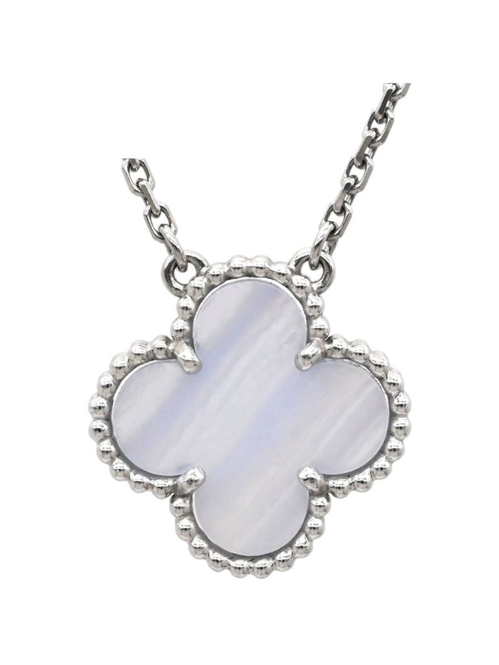 Van Cleef & Arpels Necklace Vintage Alhambra Blue Gray White Gold 18k Chalcedony